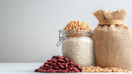 Assorted grains and beans in jars burlap bag