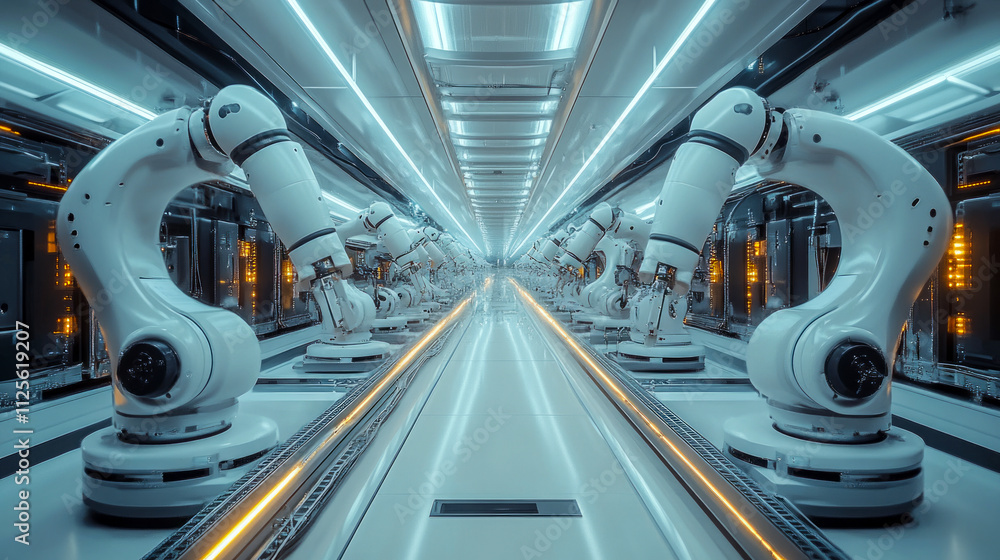 Poster futuristic robotic assembly line in high-tech factory