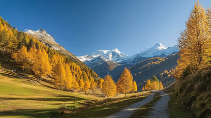 Fototapeta premium The stunning beauty of the Alps in autumn, with golden trees lining the mountain paths, clear blue skies and distant snow-covered peaks.