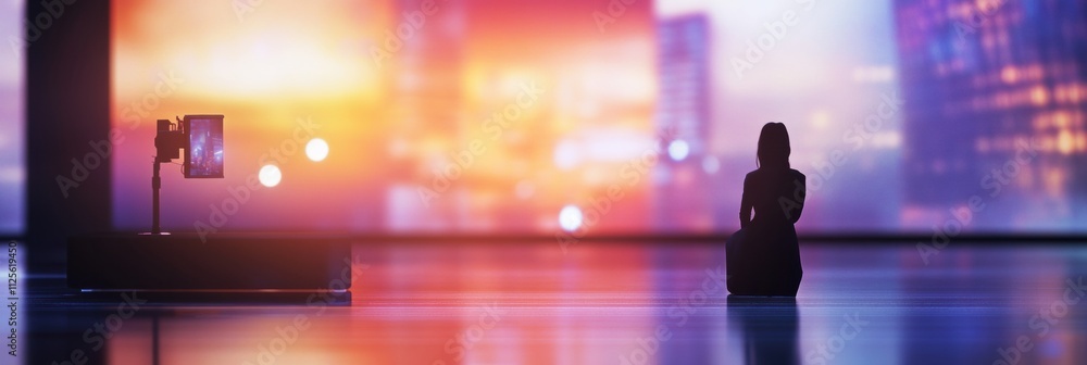Poster a subject is captured while recording an engaging interview in a contemporary television studio with