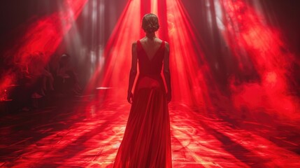 Fototapeta premium Woman in red gown on runway, dramatic lighting.