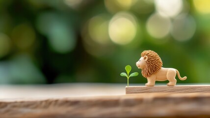 Obraz premium Small lion figurine next to growing plant on wooden surface