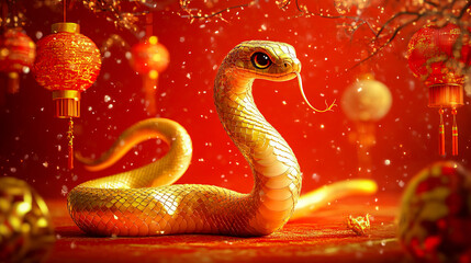 Obraz premium Golden snake in vibrant festive decor with red lanterns and sparkling lights