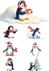 Fototapeta premium Festive Christmas penguin characters celebrating winter joy in a snowy landscape watercolor