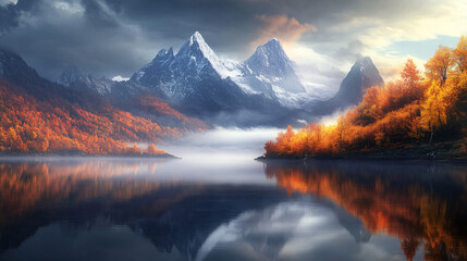 The vivid autumn colors of the Alps, with golden leaves, misty morning fog, and towering snow-capped peaks reflecting in a calm alpine lake.