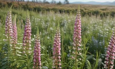 Pink and white lupin flowers sway gently in the breeze amidst a sea of tall grasses, sea, grasses
