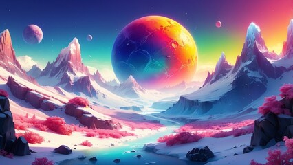   Vibrant alien landscape with colorful planet and snowy mountains
