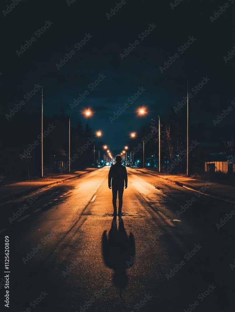 Aufkleber A solitary person stands in the middle of an empty street at night, streetlights casting long shadows, leaving a blank space above for text. Generative AI