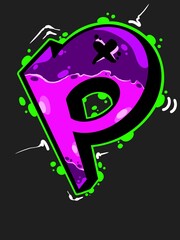 illustration of letter p, font p with cool digital graffiti style and bright colors