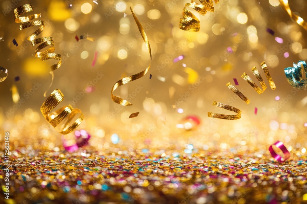 Poster Falling colorful confetti and ribbons create a joyful atmosphere, perfect for New Year festivities with a shimmering golden backdrop. Generative AI