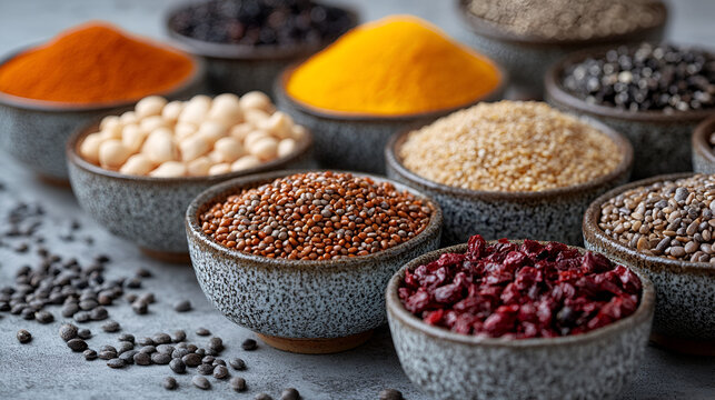 Aromatic spices like peppercorns, cumin seeds, and dried herbs fill wooden bowls, ready to flavor a variety of cuisines