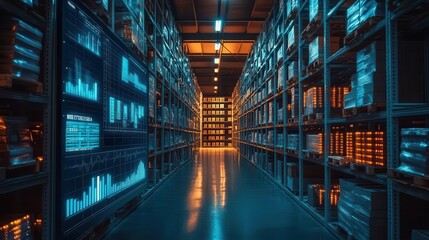 Fototapeta premium A serene warehouse environment where efficiency graphs glow softly on screens, surrounded by shelves of inventory, warm tones