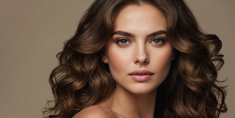 Naklejka premium Beautiful model girl with long wavy and shiny hair . Brunette dirl with curly hairstyle. Beauty smiling woman with curly hairstyle dye .Fashion, cosmetics and makeup . Cosmetology 