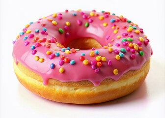 Dreamy pink donut with colorful sprinkles, set on a pristine white background, ideal for creative designs and captivating food photography. A delightful visual treat!
