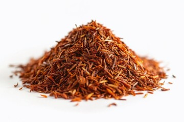 Dried rooibos leaves captured in minimalist macro photography, showcasing their natural beauty. Aesthetic organic tea elements create a serene, clean design for relaxing home decor.