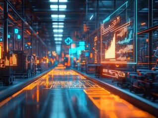 Obraz premium A symbolic glowing efficiency chart displayed holographically over a warehouse floor, workers moving efficiently in sync