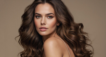 Naklejka premium Beautiful model girl with long wavy and shiny hair . Brunette dirl with curly hairstyle. Beauty smiling woman with curly hairstyle dye .Fashion, cosmetics and makeup . Cosmetology 