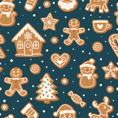 Gingerbread cookies seamless Christmas pattern on dark background. Gingerbread house, man, Christmas tree and other Christmas figures. Repeating pattern for Christmas decorations.