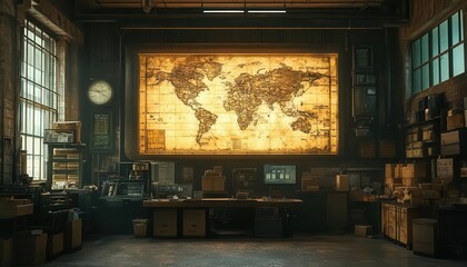 A symbolic glowing map of tracking points displayed above a packaging station, cinematic shadows and warm tones