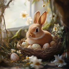 Cute Easter Bunny with decorations Easter eggs 