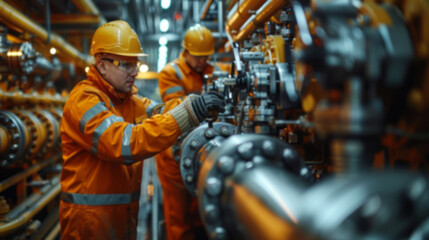 Two workers, dressed in safety gear and wearing hard hats, work with precision on an industrial gas train.