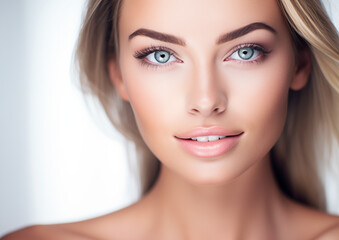 Obraz premium Professional Close-Up of Elegant Model with Flawless Radiant Skin. Skincare. AI Generative.