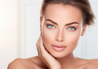 Naklejka premium Professional Close-Up of Elegant Model with Flawless Radiant Skin. Skincare. AI Generative.