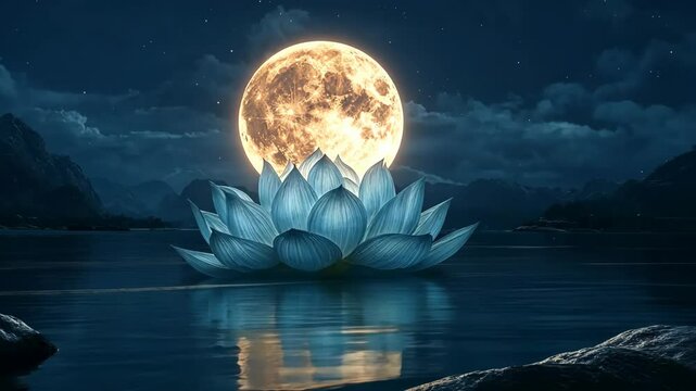 Serene Night Bloom Lotus Flower Full Moon Lake Mountains Stars