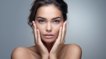Fototapeta premium Professional Close-Up of Elegant Model with Flawless Radiant Skin. Skincare. AI Generative.