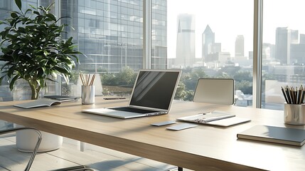 Fototapeta premium Modern office workspace with city view.