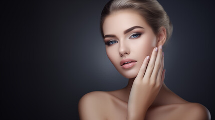 Fototapeta premium Professional Close-Up of Elegant Model with Flawless Radiant Skin. Skincare. AI Generative.