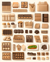 Collection of various cardboard food packaging, including boxes, trays, containers, and wrappers, showcasing diverse sweets and snacks. Ideal for branding, packaging design, and food-related projects.