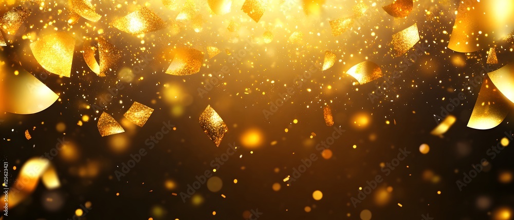 Poster a vibrant display of golden confetti and sparkles against a dark background, creating a festive atmo