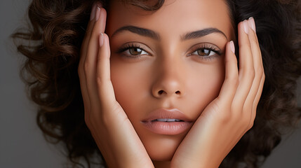 Fototapeta premium Professional Close-Up of Elegant Model with Flawless Radiant Skin. Skincare. AI Generative.