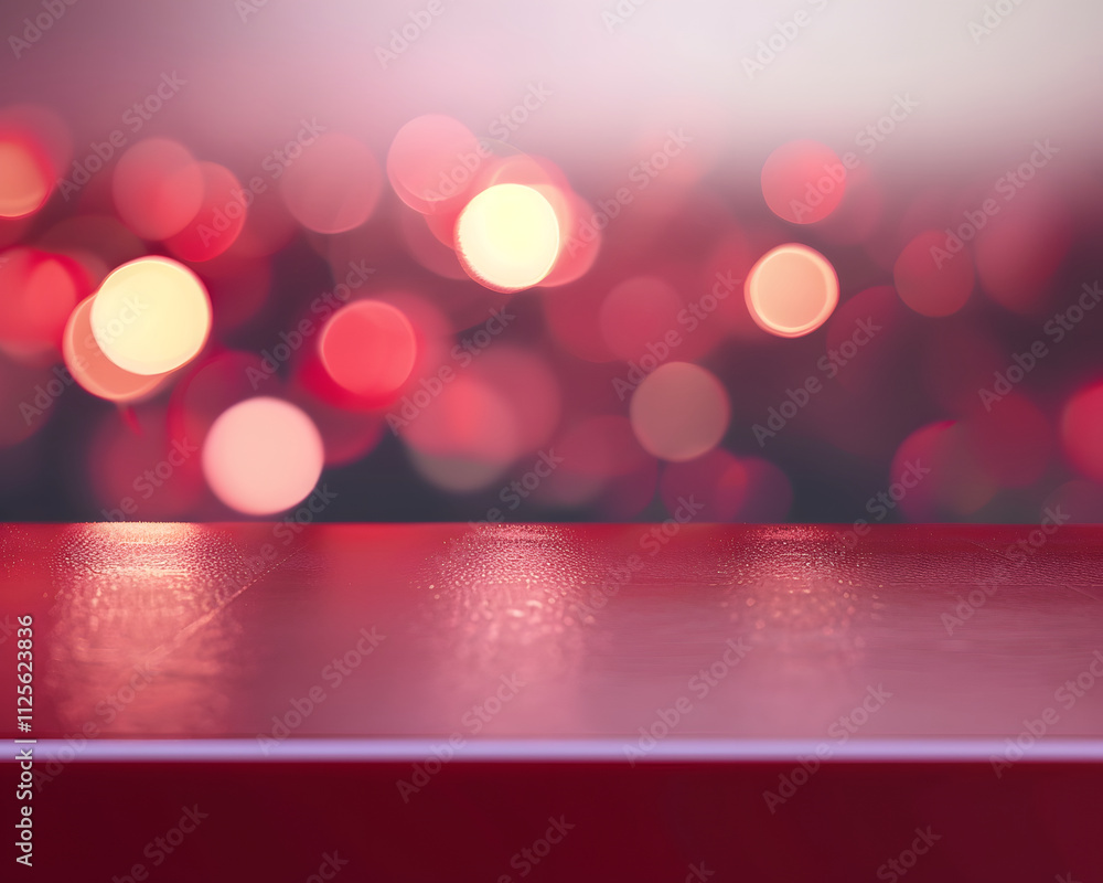 Poster a blurred background of red bokeh lights with a smooth red surface in the foreground.