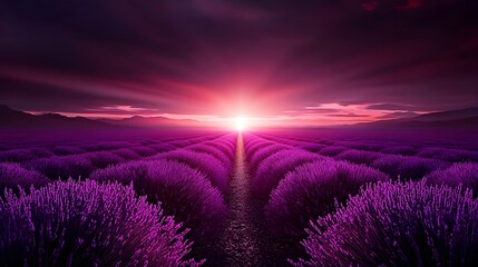 Endless lavender field split by a lonely road, basking in the rich warm glow of late afternoon sun, a tranquil natural beauty. Lavender field, road, afternoon light
