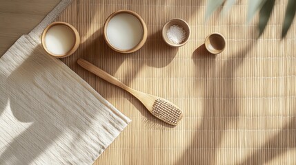 A beautifully crafted aesthetic arrangement of natural spa essentials artfully placed on a bamboo mat