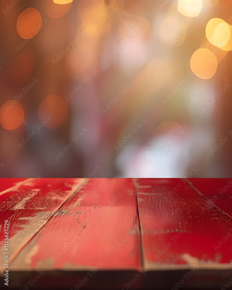 Poster a blurred background with warm bokeh lights and a rustic red wooden tabletop in focus.