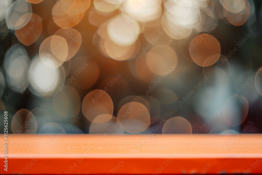 Poster a blurred background with warm bokeh lights and an orange surface in the foreground.
