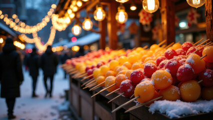 Tanghulu displayed at a night market, attracting shoppers with its enticing appearance.