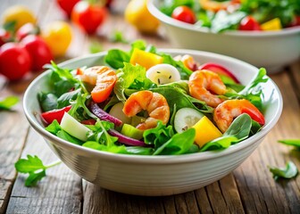 Enjoy a vibrant bowl of fresh greens, colorful veggies, and juicy shrimp—a delicious, nutritious meal perfect for food lovers and health enthusiasts alike.