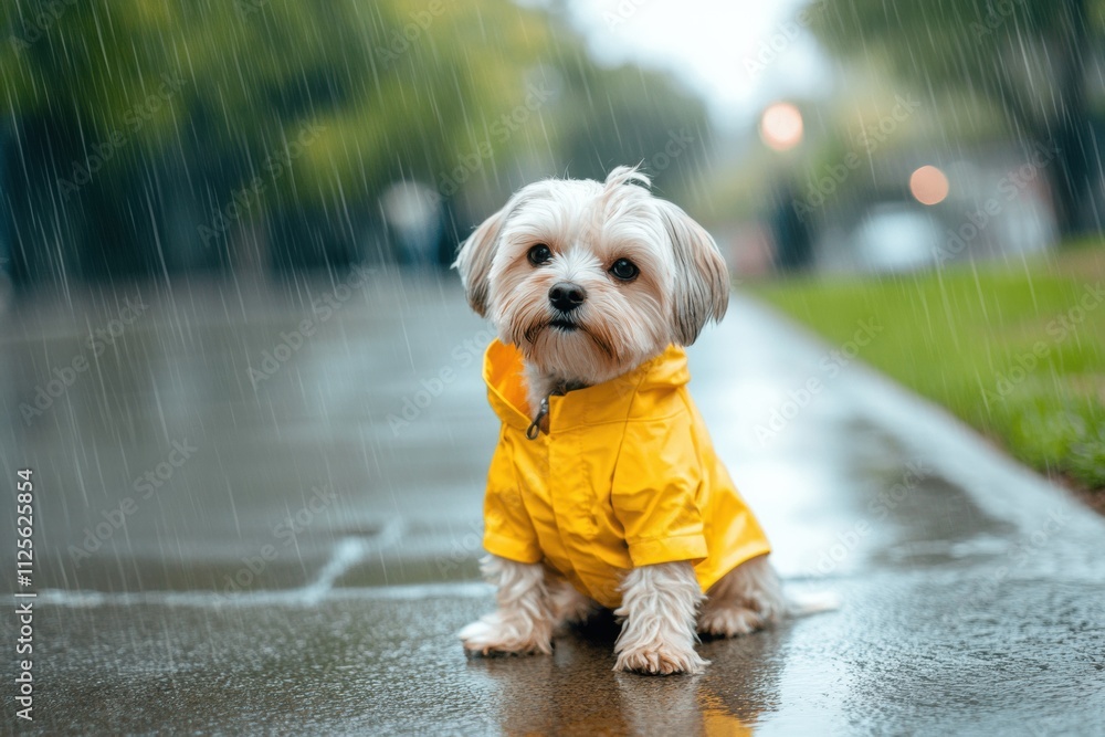Aufkleber a small dog wearing a yellow raincoat sits on a wet sidewalk while light rain falls in a peaceful ur