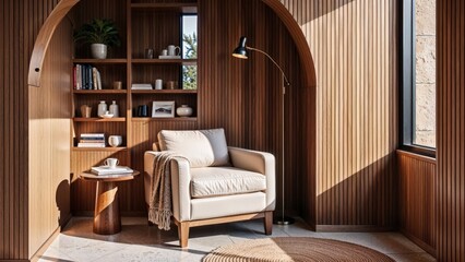 Generative AI, A serene reading nook with a warm oak wood interior, modern furniture, and soft natural lighting
