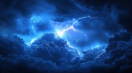 Naklejka premium A dramatic stormy sky illuminated by flashes of lightning amidst dark clouds.