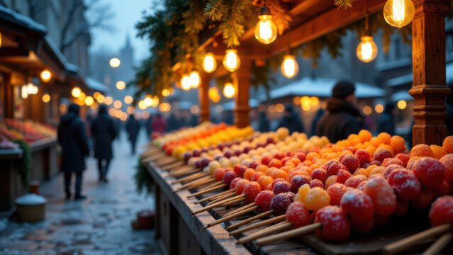 A bustling market scene with a stall filled with colorful tang hu luo treats.