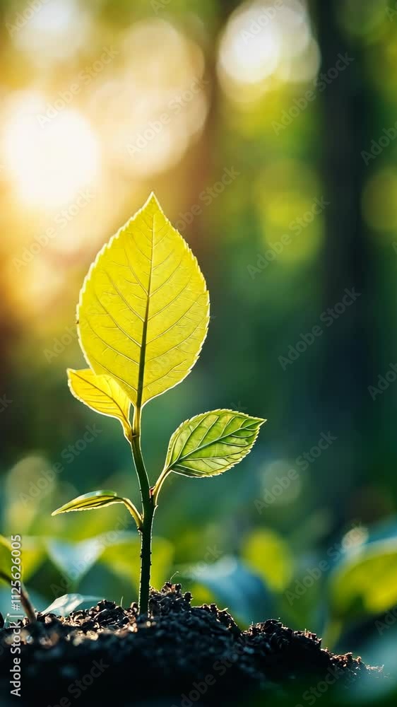 Poster New green plant sprouts in sunlight creating a serene atmosphere in a lush forest setting