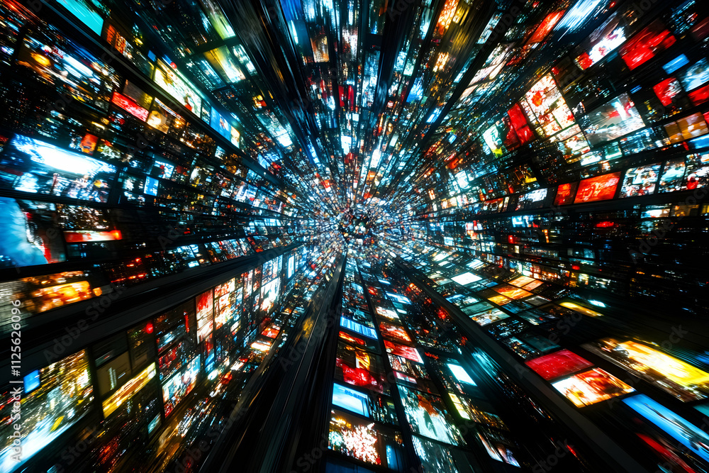 Poster abstract image of countless vibrant screens converging into a dazzling vortex, symbolizing the overw