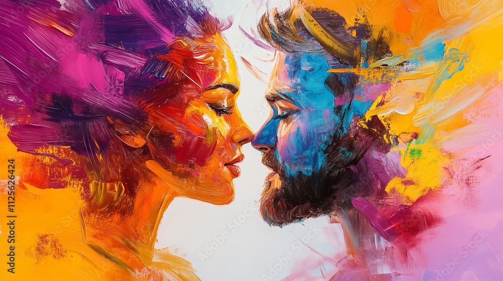 Poster two figures with intense expressions are captured in an abstract love encounter filled with vibrant 