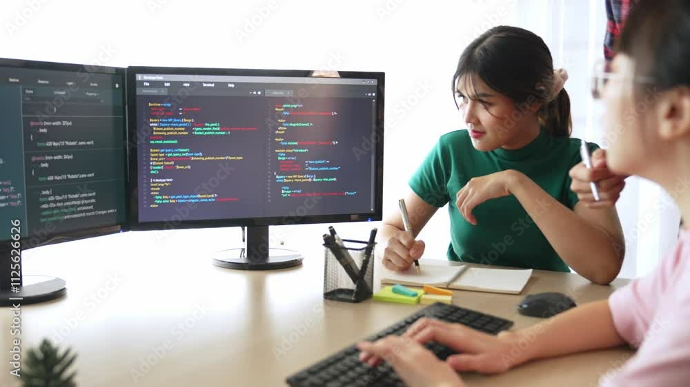 Poster slow motion back end software developer engineer for computer programming working together on debugg
