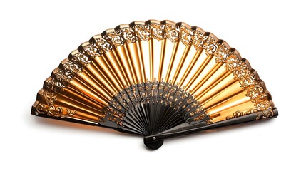 Vintage fan with metallic finish, isolated white backdrop--style raw
